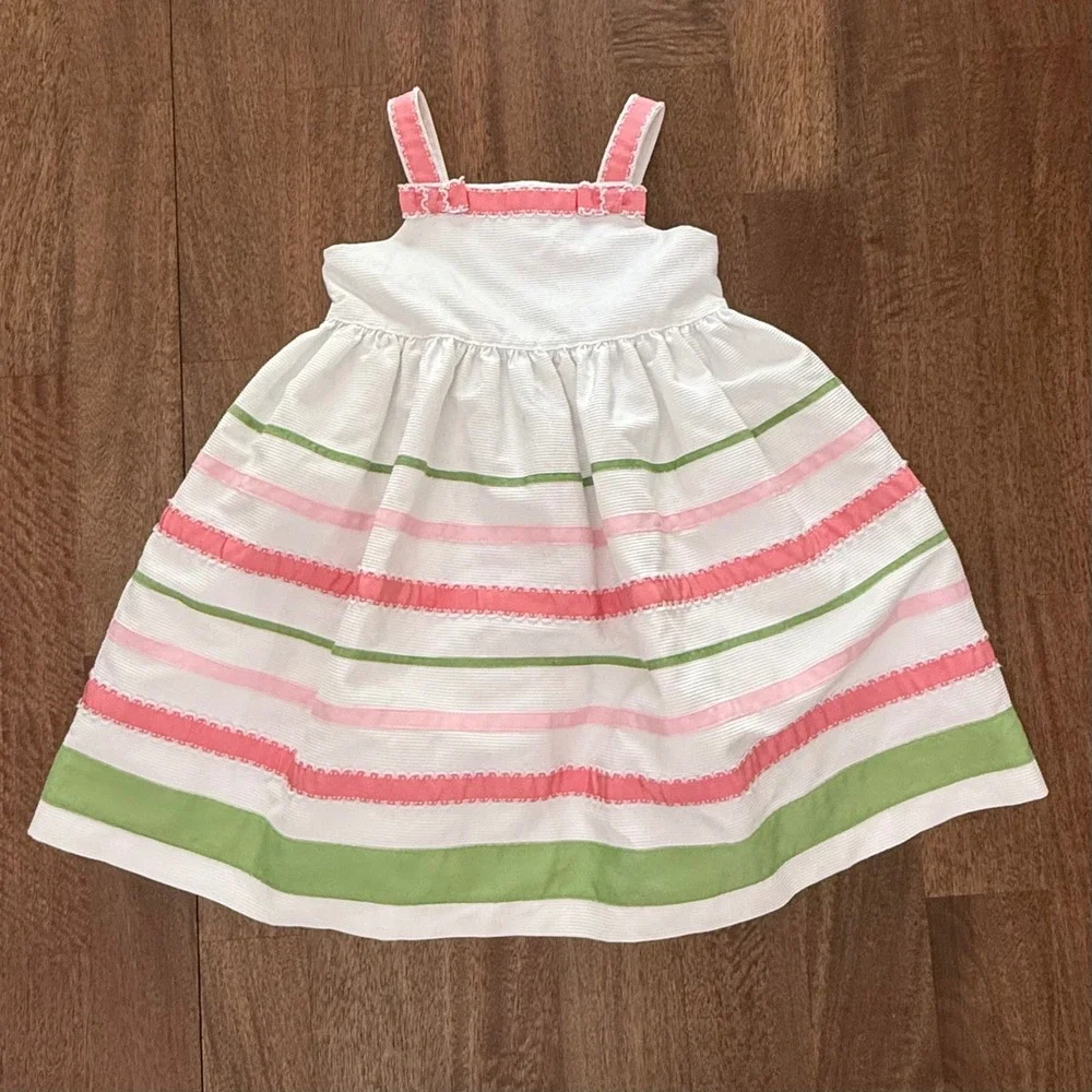 Gymboree Girls White Piqué Dress Pink Green Striped Ribbon Bow 4T Sleeveless